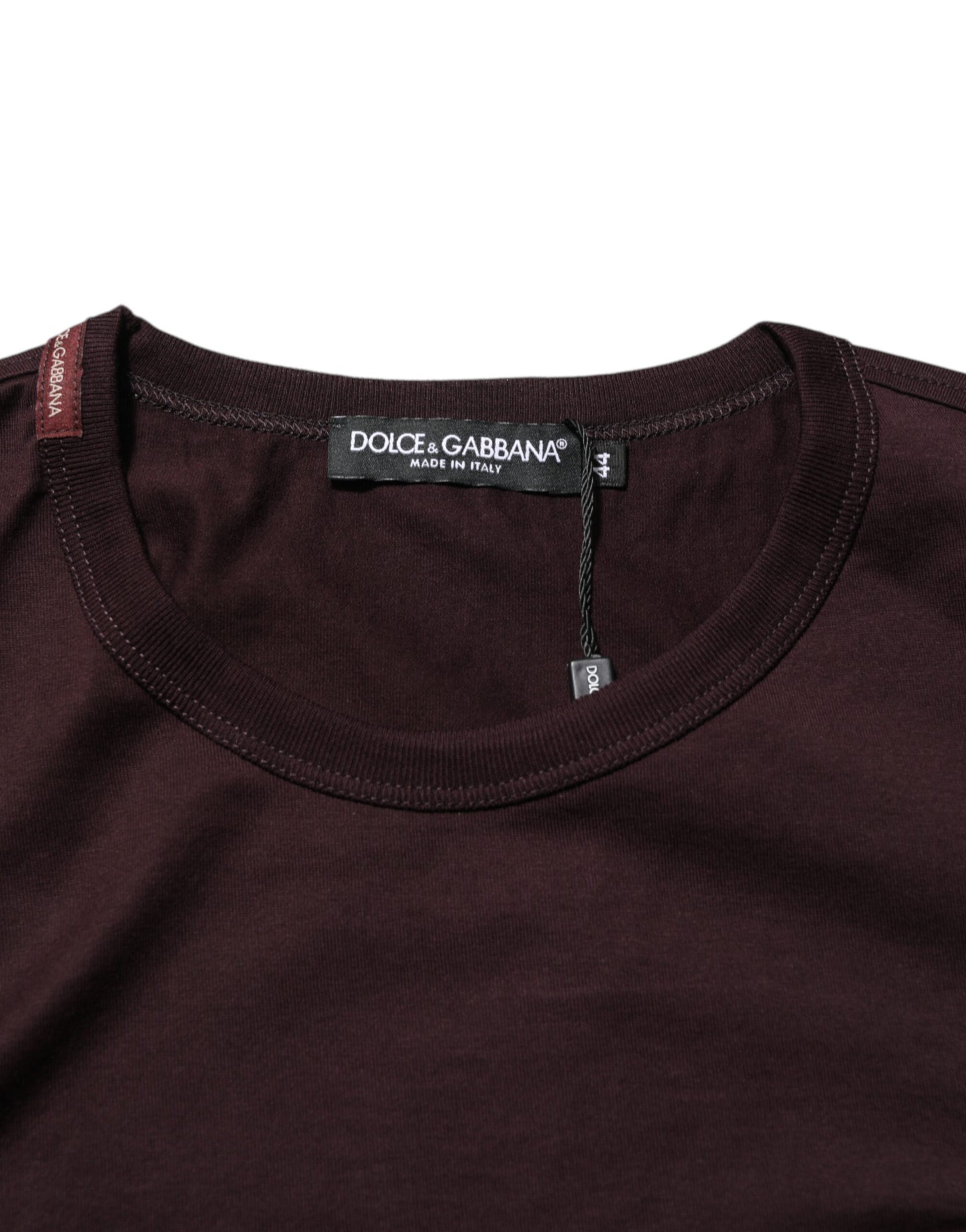 Dark maroon t-shirt with brand label on neckline