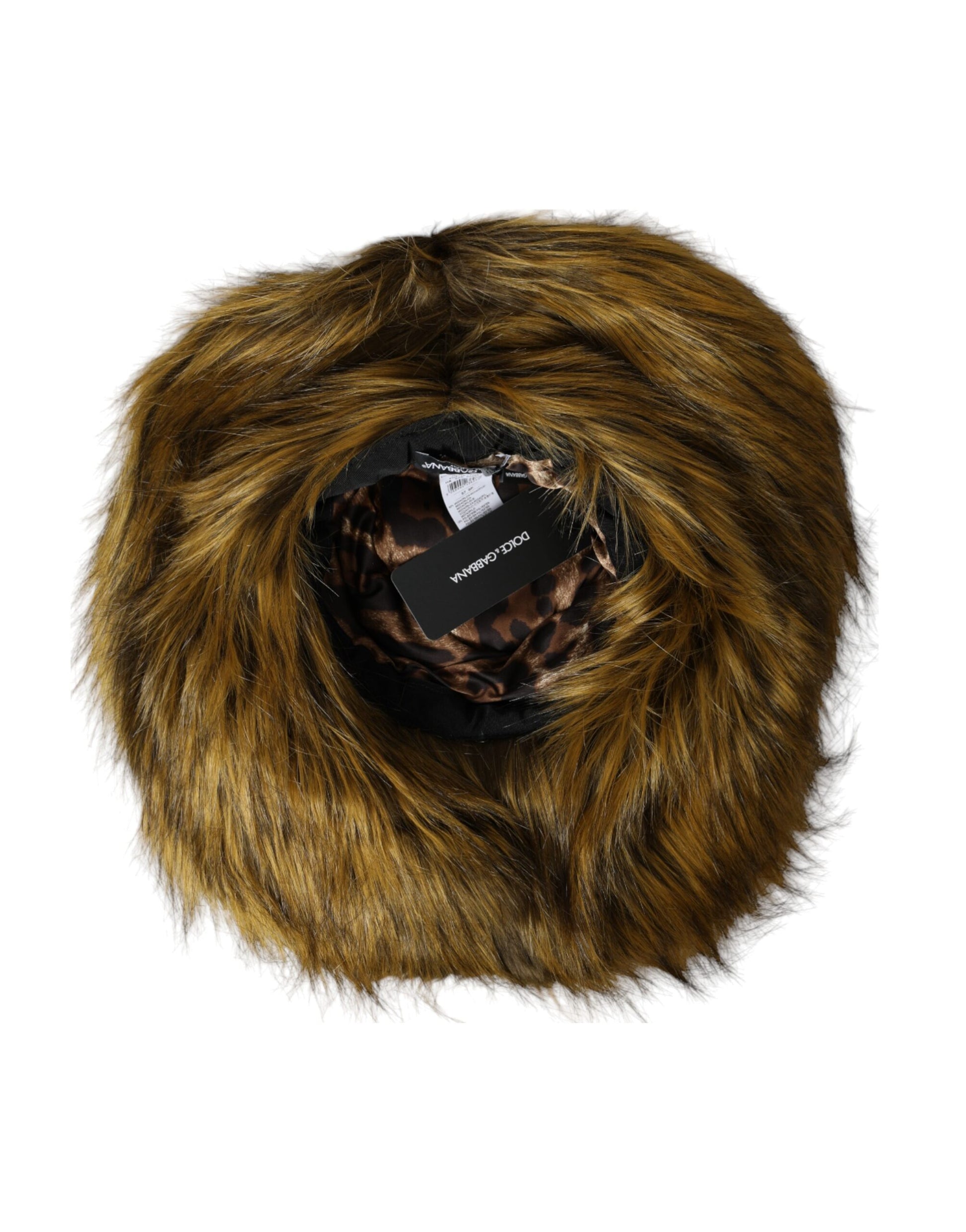 Furry brown hat with tag inside