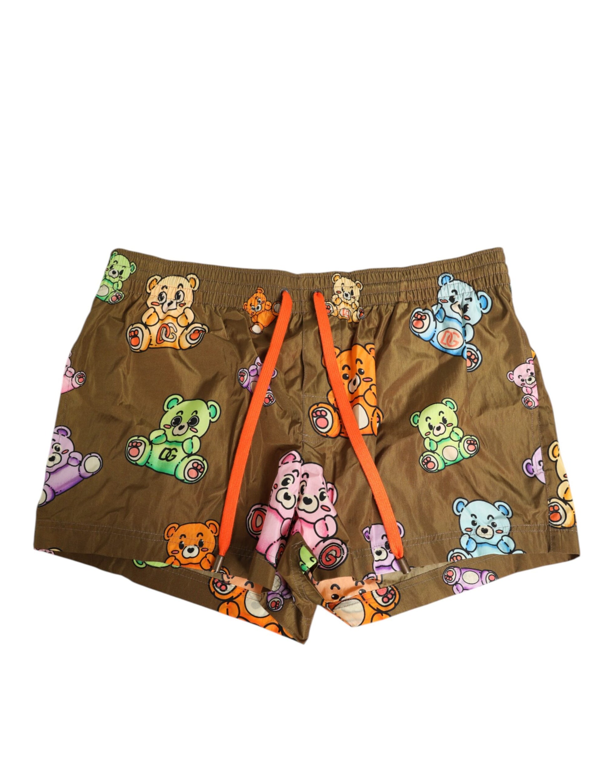Brown shorts with teddy bear print and red straps