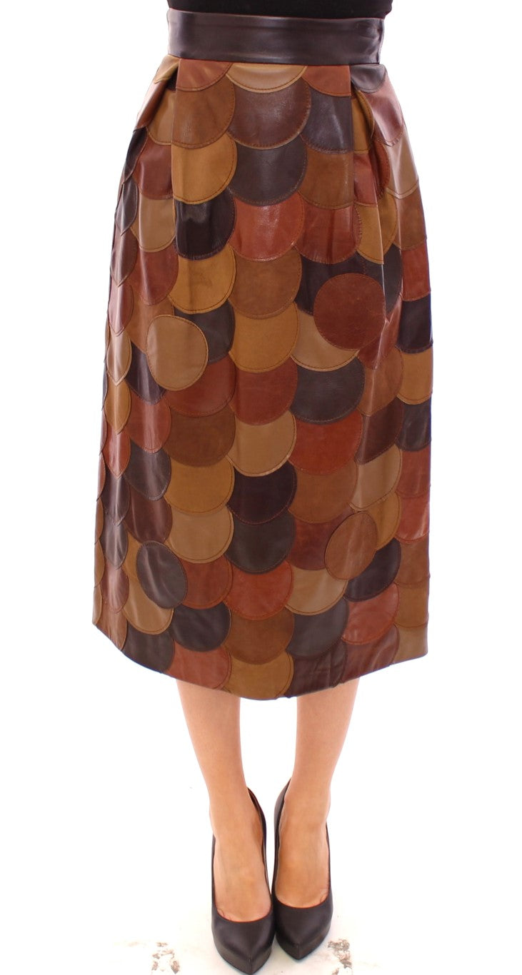 Brown leather skirt with circular patterns