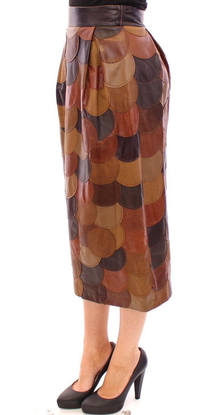 Brown leather skirt with circular patterns