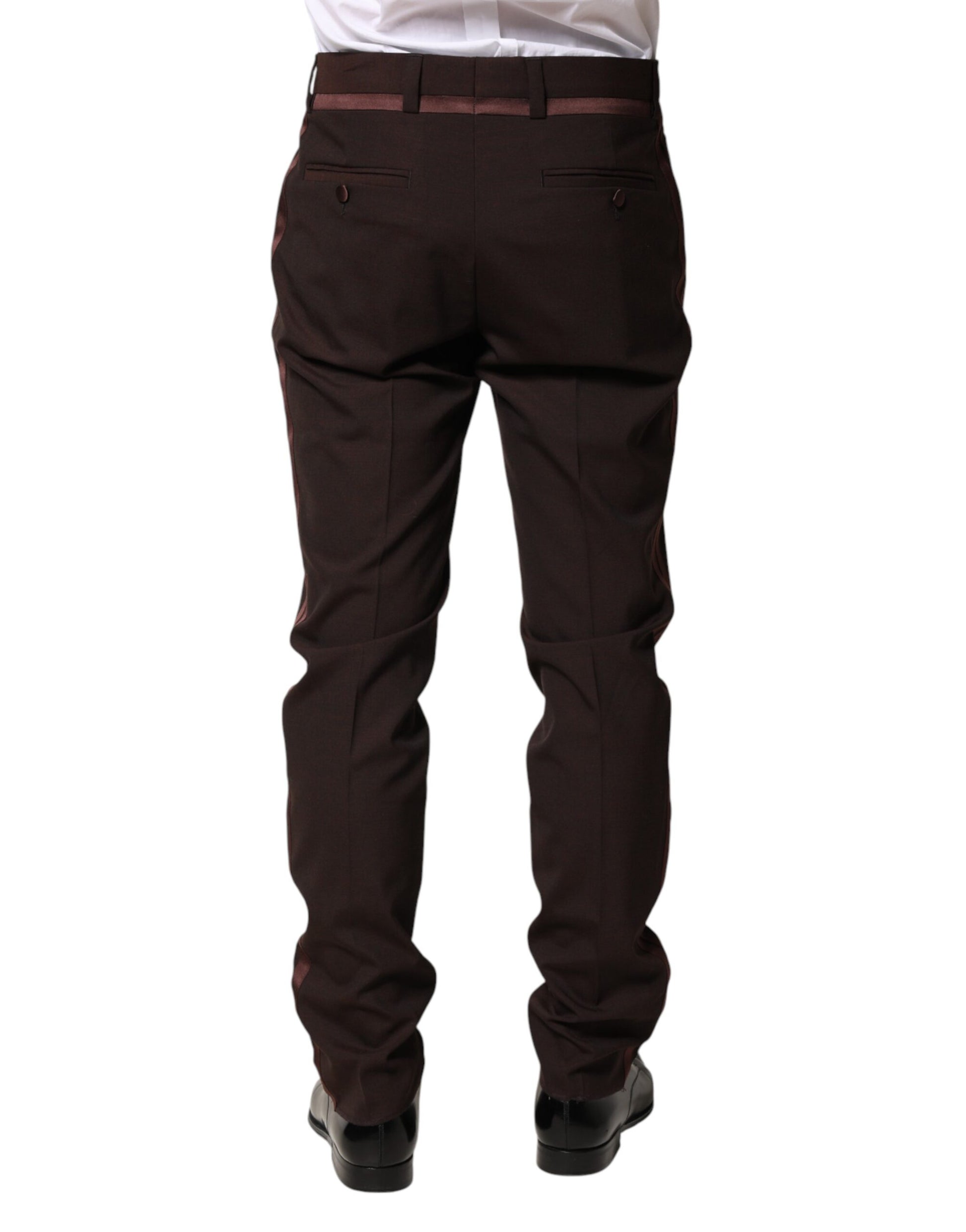 A pair of brown polyester men's dress trousers with cargo pockets