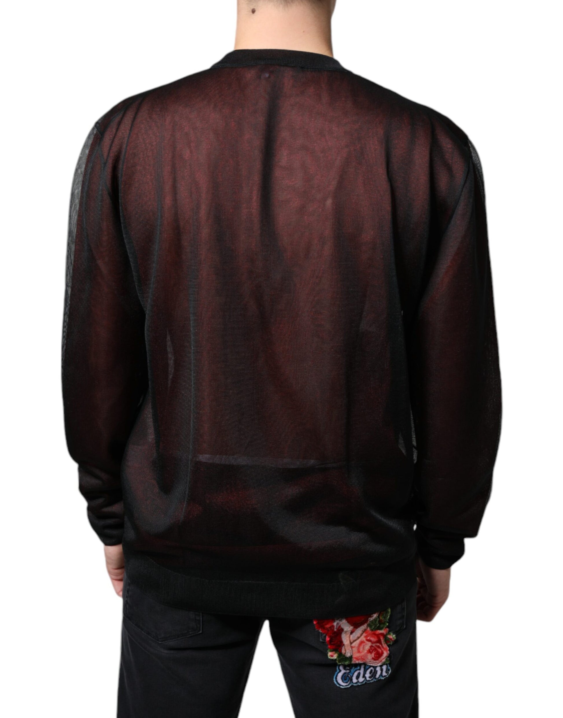 Black mesh back sweater with red floral design on front