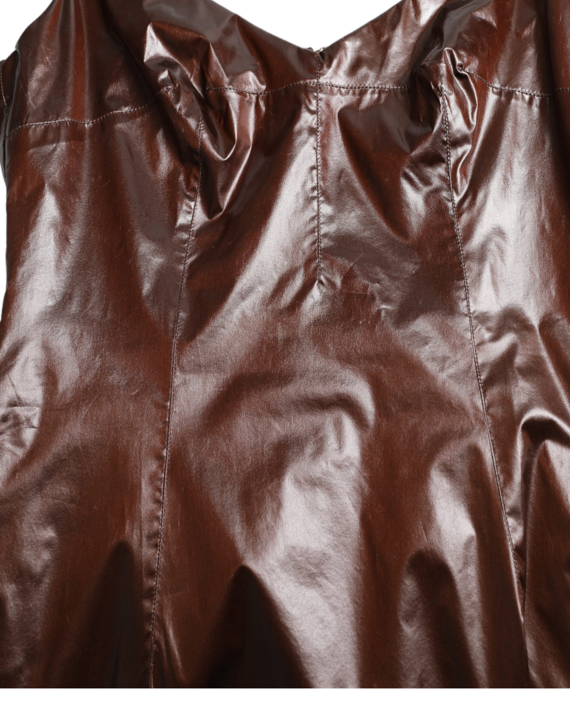 A brown shiny silk sheath sleeveless bodycon midi dress