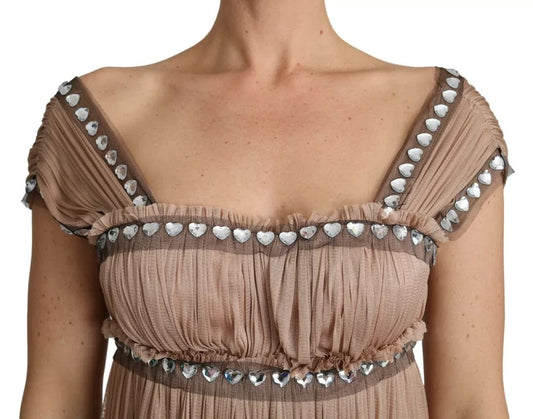 A brown silk sleeveless shift maxi dress with embellishments