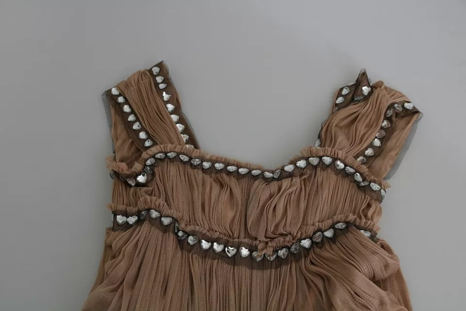 A brown silk sleeveless shift maxi dress with ruffled detailing and sequin embellishments