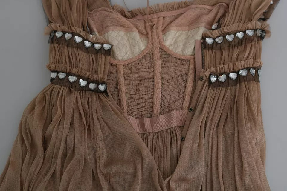 A brown silk sleeveless shift maxi dress with beaded detailing