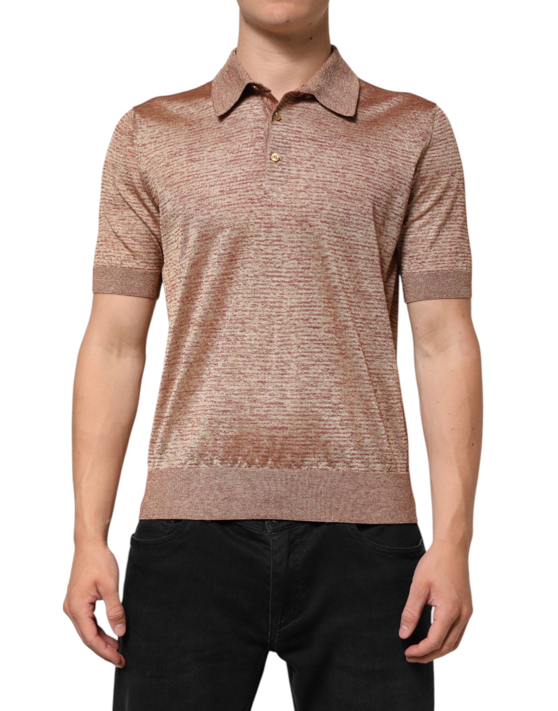 Men's short sleeve polo shirt in brown and tan plaid pattern