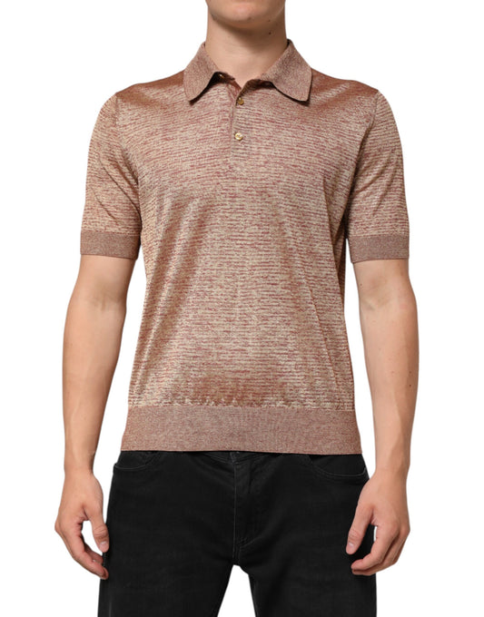 Men's short sleeve polo shirt in brown and tan plaid pattern