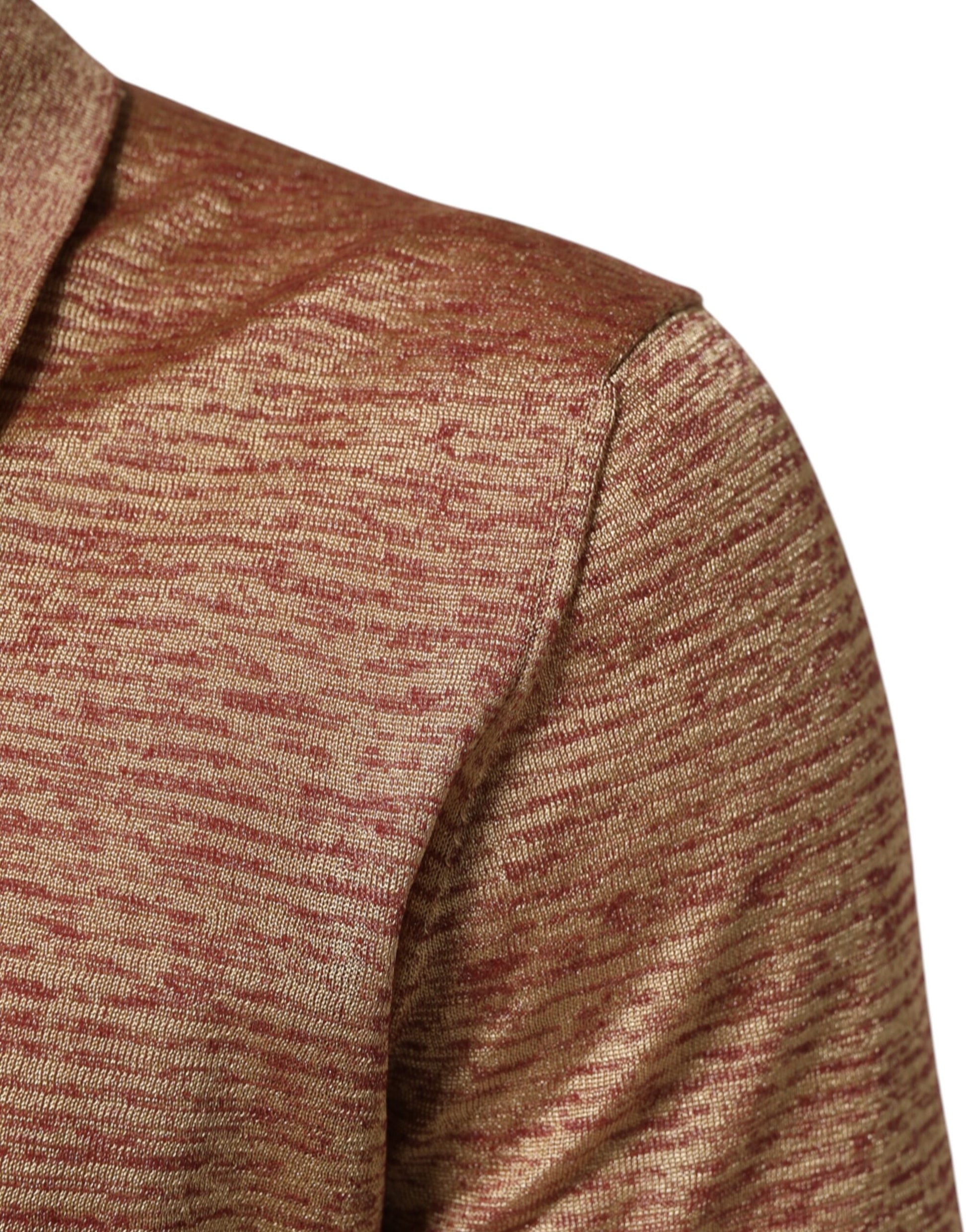 The garment is a red and gold fabric with a textured pattern