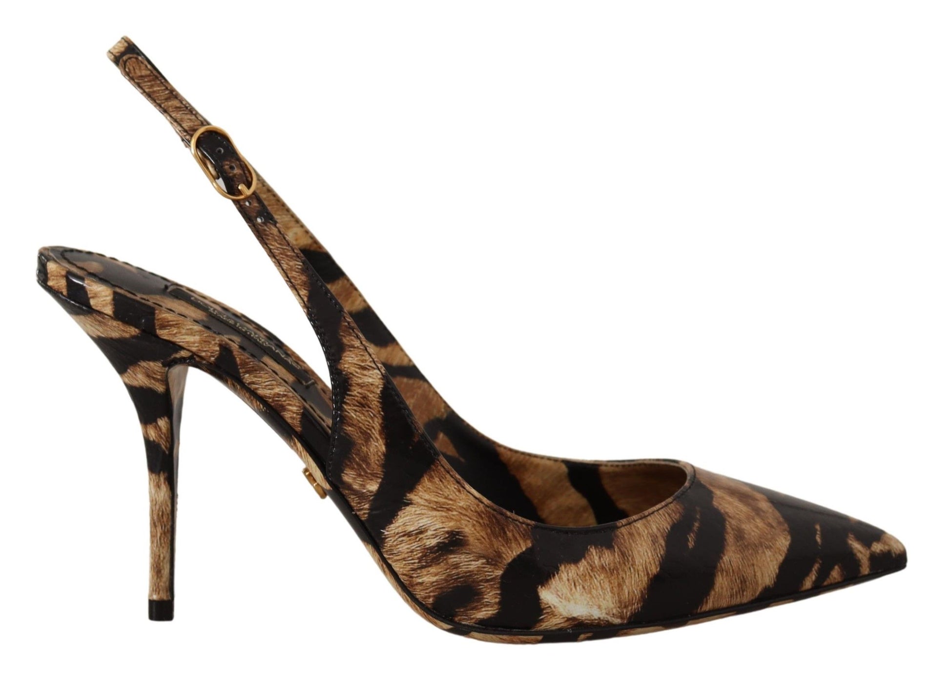 Pair of women's high heel shoes with animal print design and gold accents