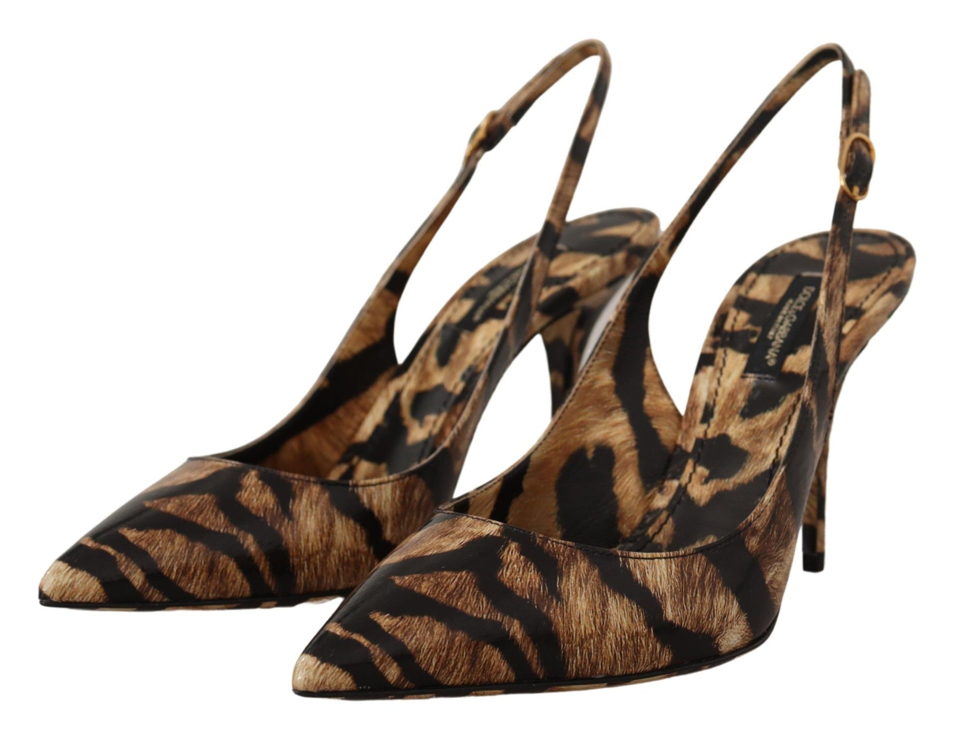 Pair of women's high heel shoes with animal print design
