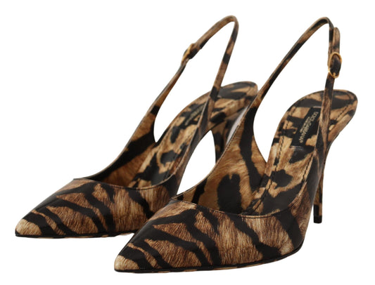 Pair of women's high heel shoes with animal print design