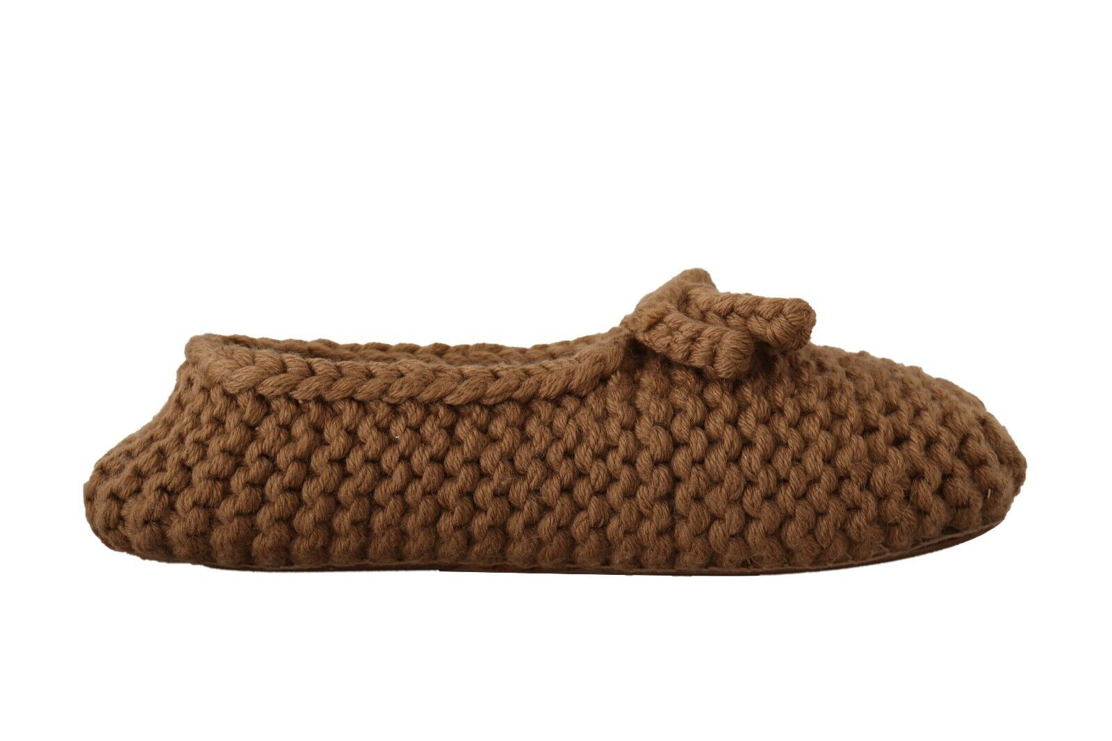 Brown crocheted slippers with laces and a bow on top