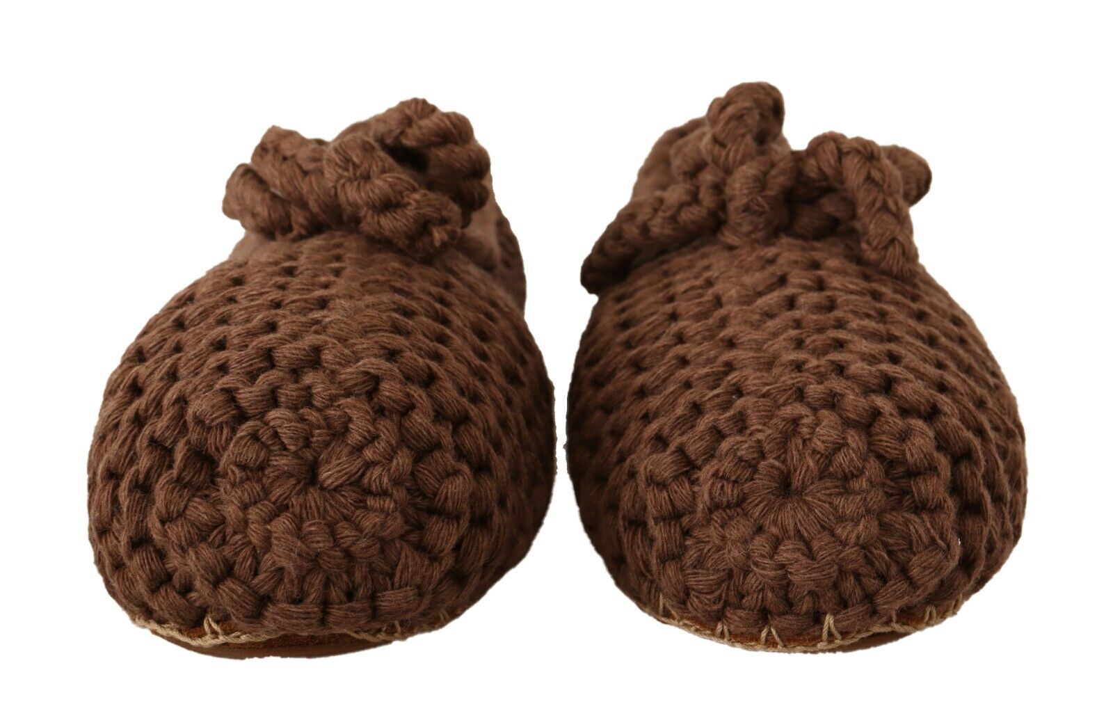 Pair of brown crocheted slippers with ties on top