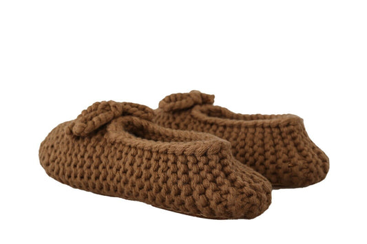 Pair of brown crocheted slippers with ties