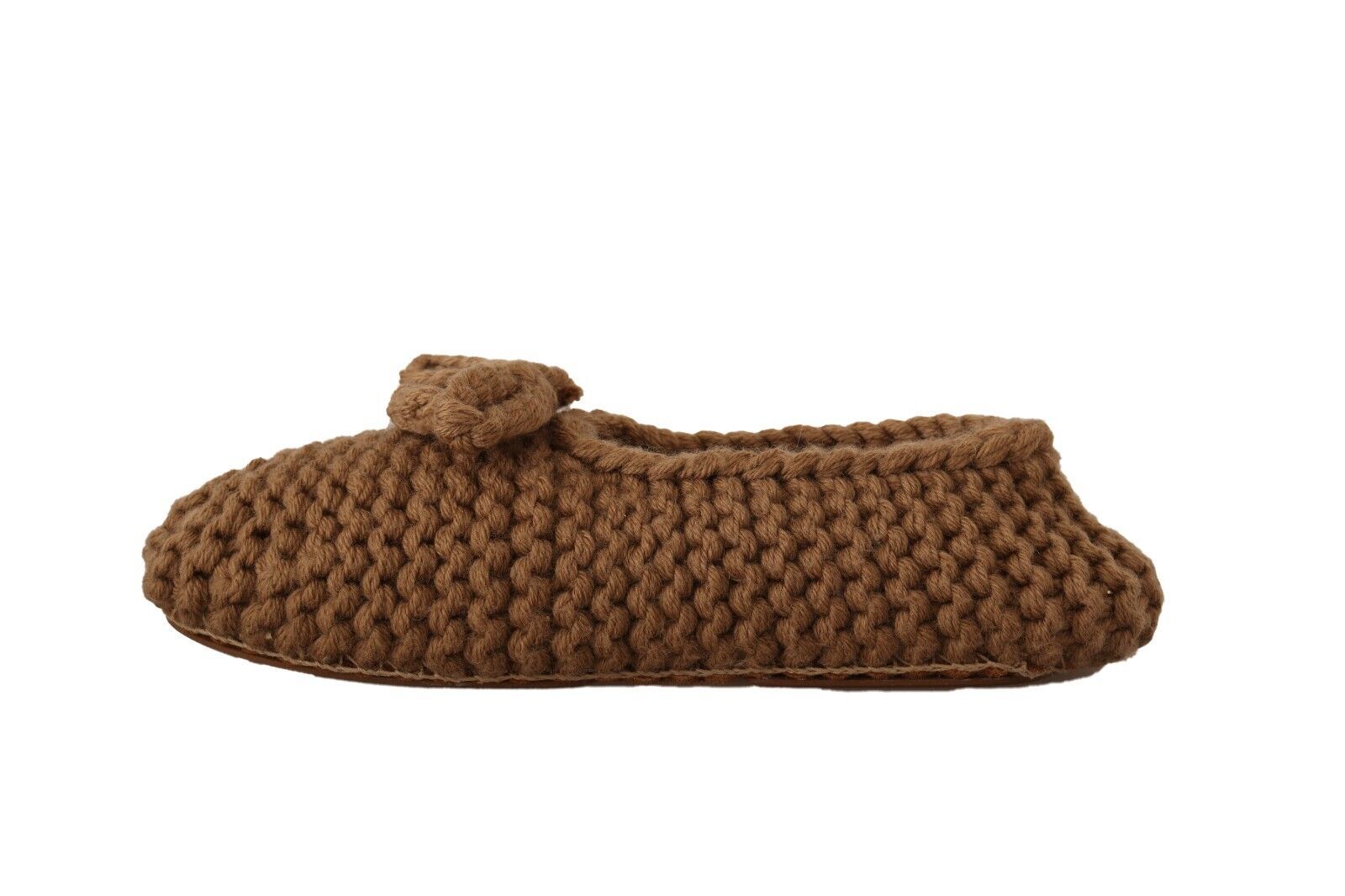Brown crocheted slippers with a bow on top
