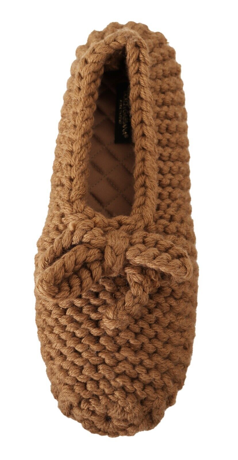 Brown knitted slipper with a bow on top