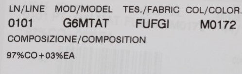 A label on a product that includes various pieces of information such as model number, color code, fabric typ