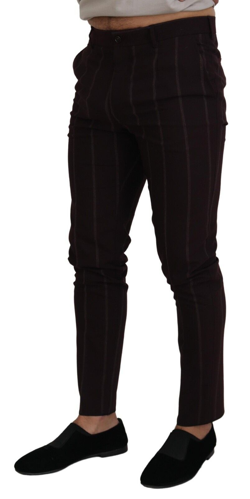Pair of brown plaid trousers with high waist and cuffed legs