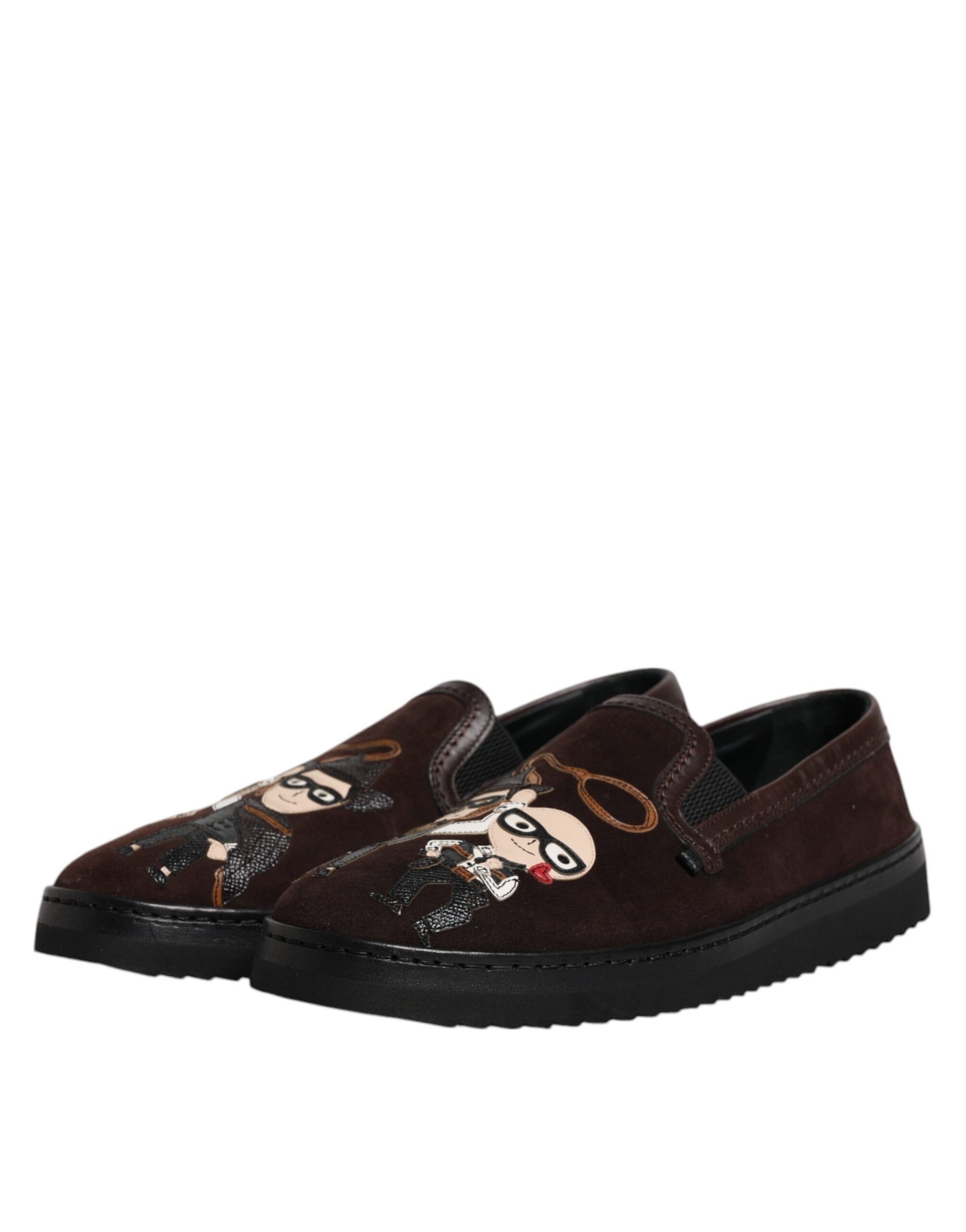 Pair of brown shoes with cartoon character design on top