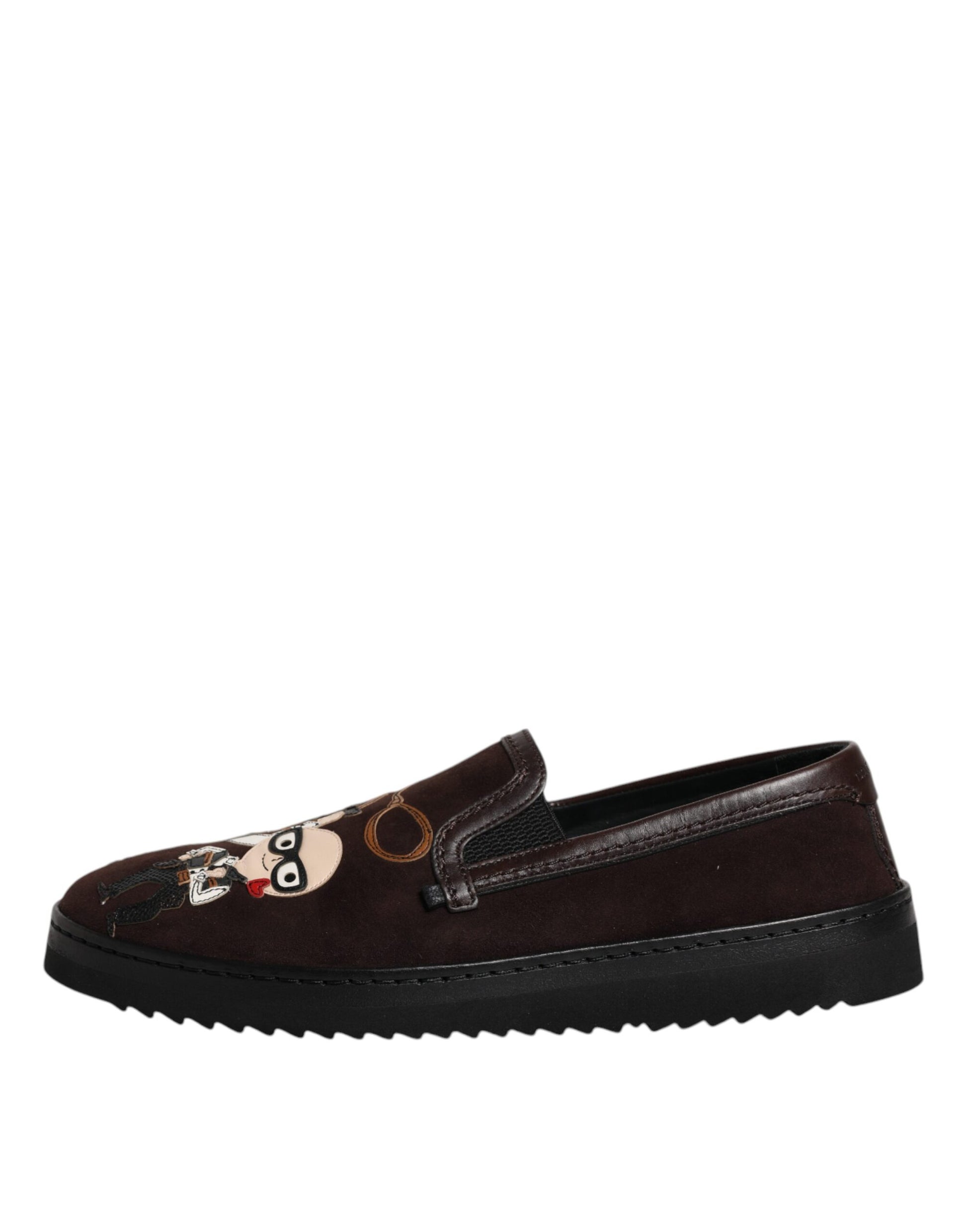 Brown loafer shoes with cartoon character embroidery on side