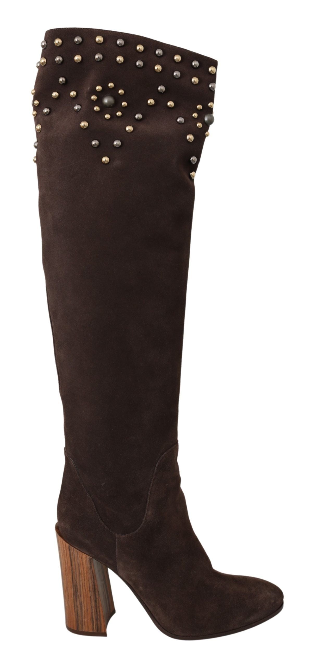 Pair of knee high boots with spiked detailing on side