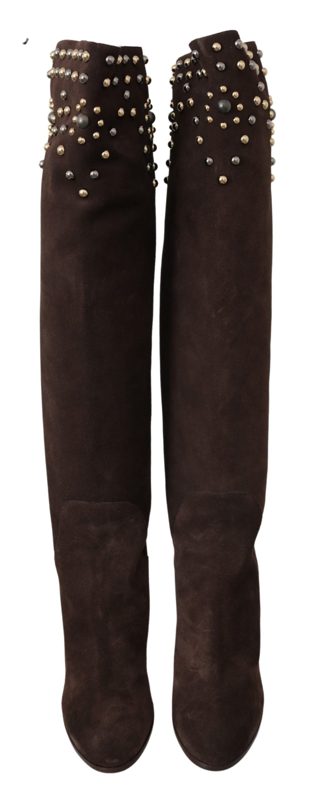 Two brown knee high boots with spiky studs on top