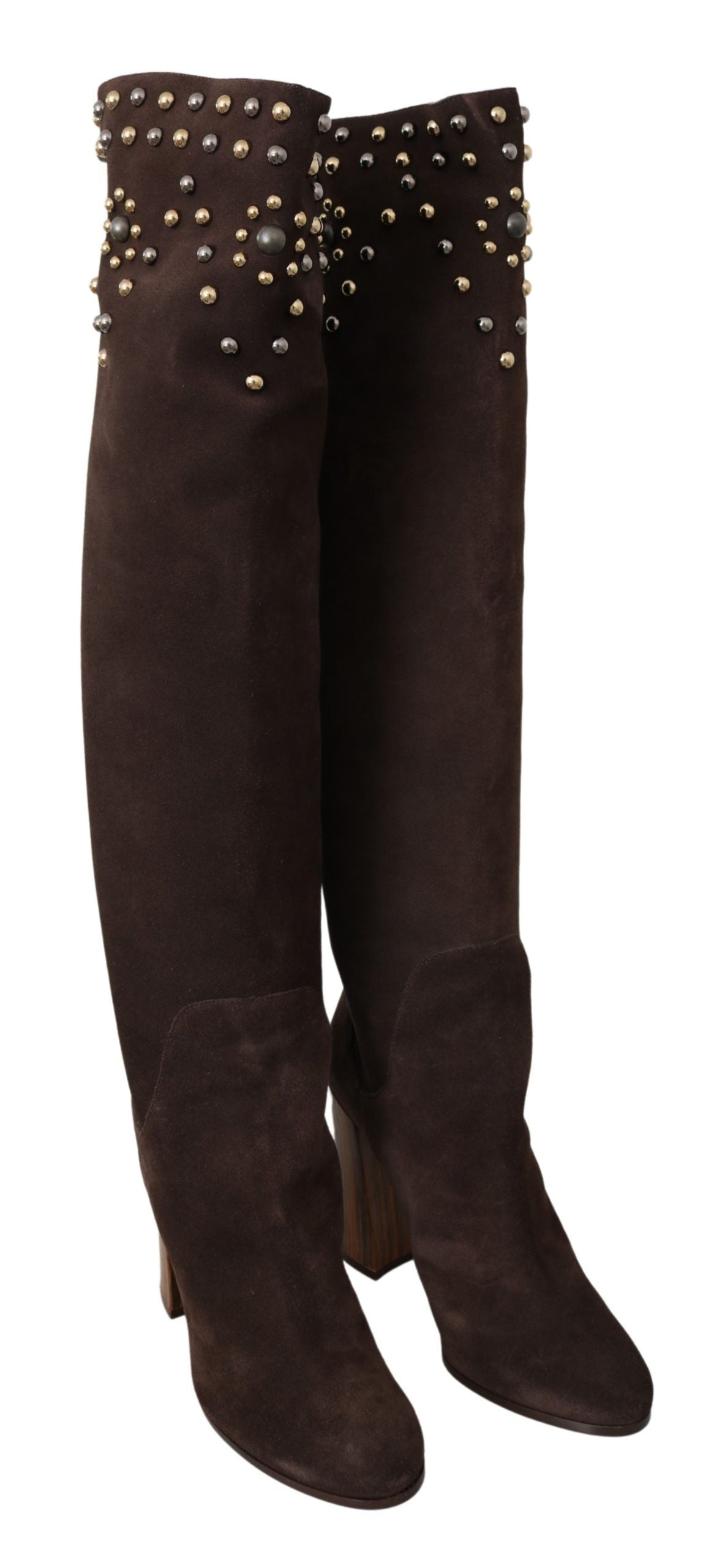 Pair of knee high boots with studded detailing on sides