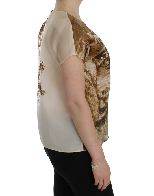 Woman wearing a brown top with a patterned back