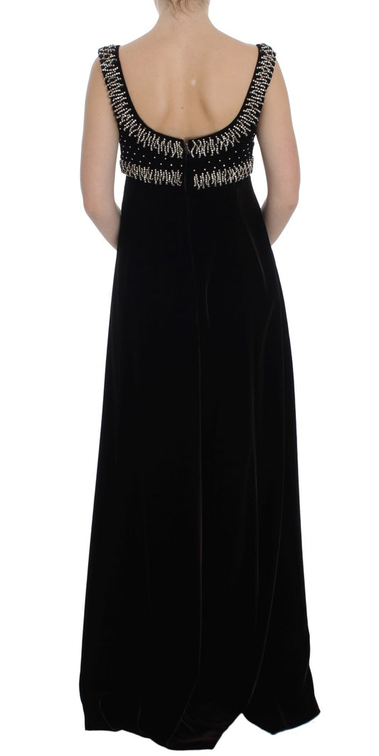 Long black formal dress with backless design