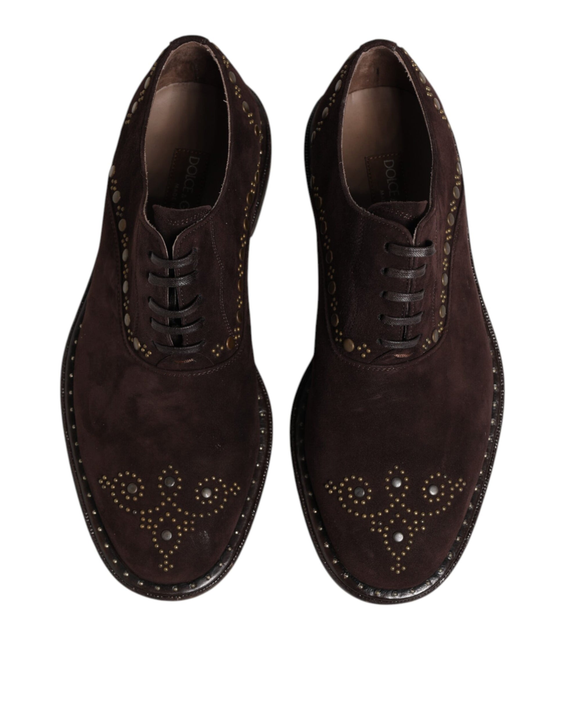 Pair of brown velvet lace up dress shoes with gold accents and embroidery