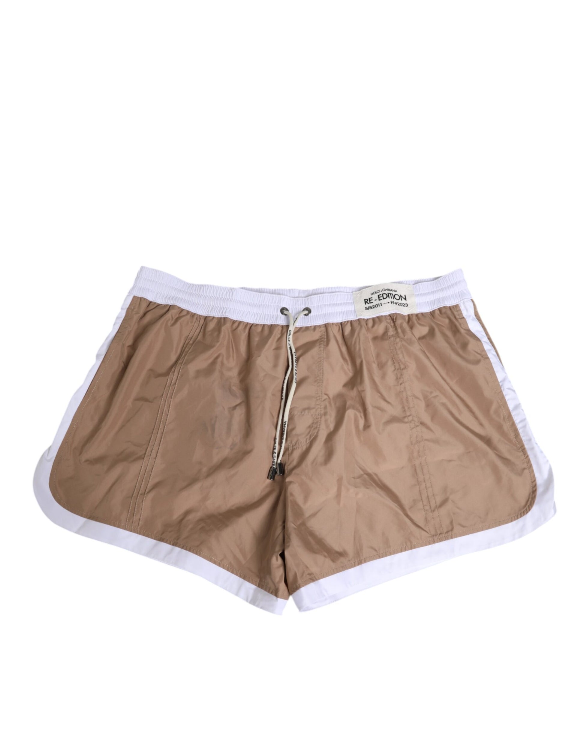 Pair of brown swim trunks with white trim
