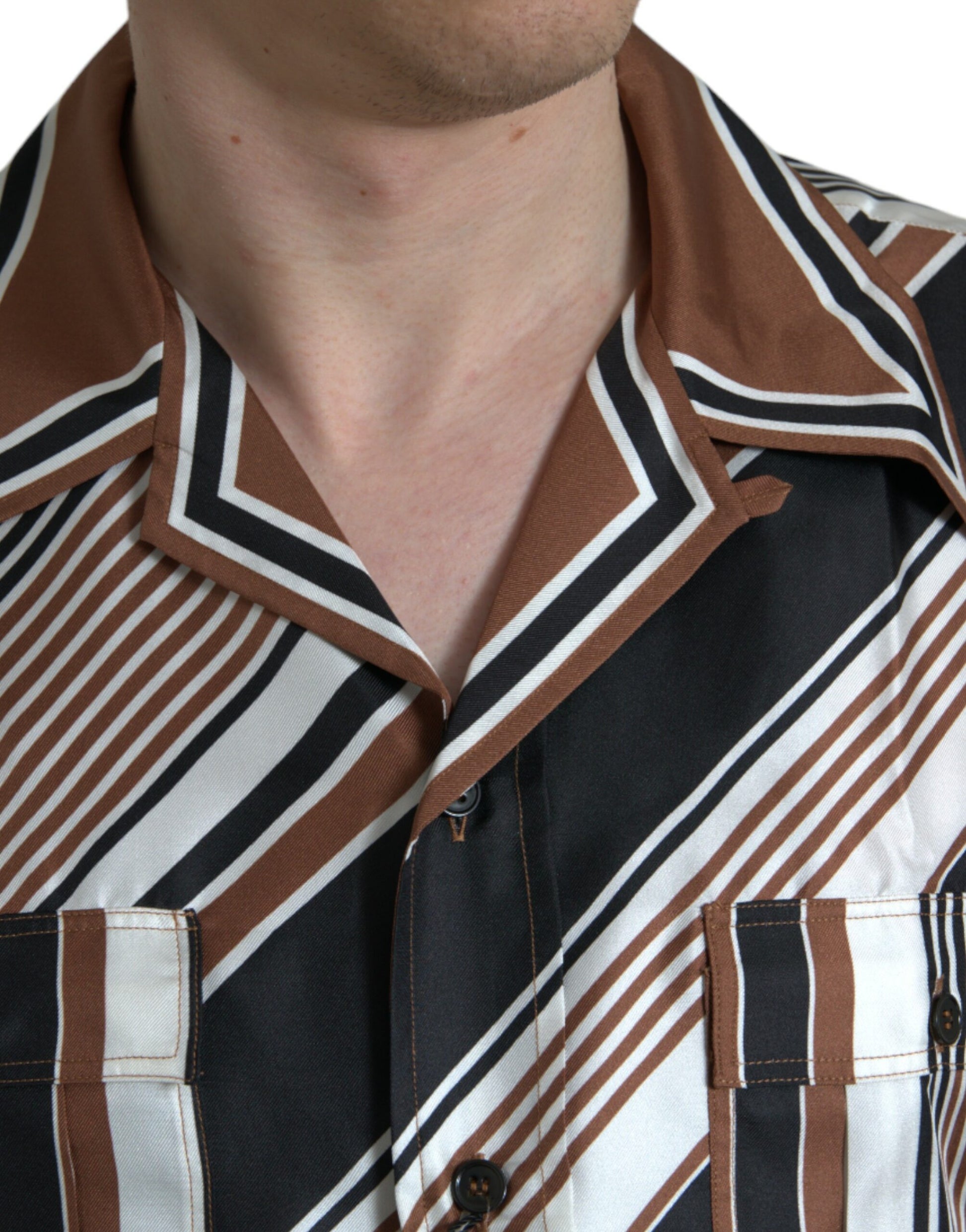 Man wearing brown and white striped shirt