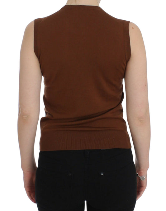 Brown sleeveless vest on woman's back