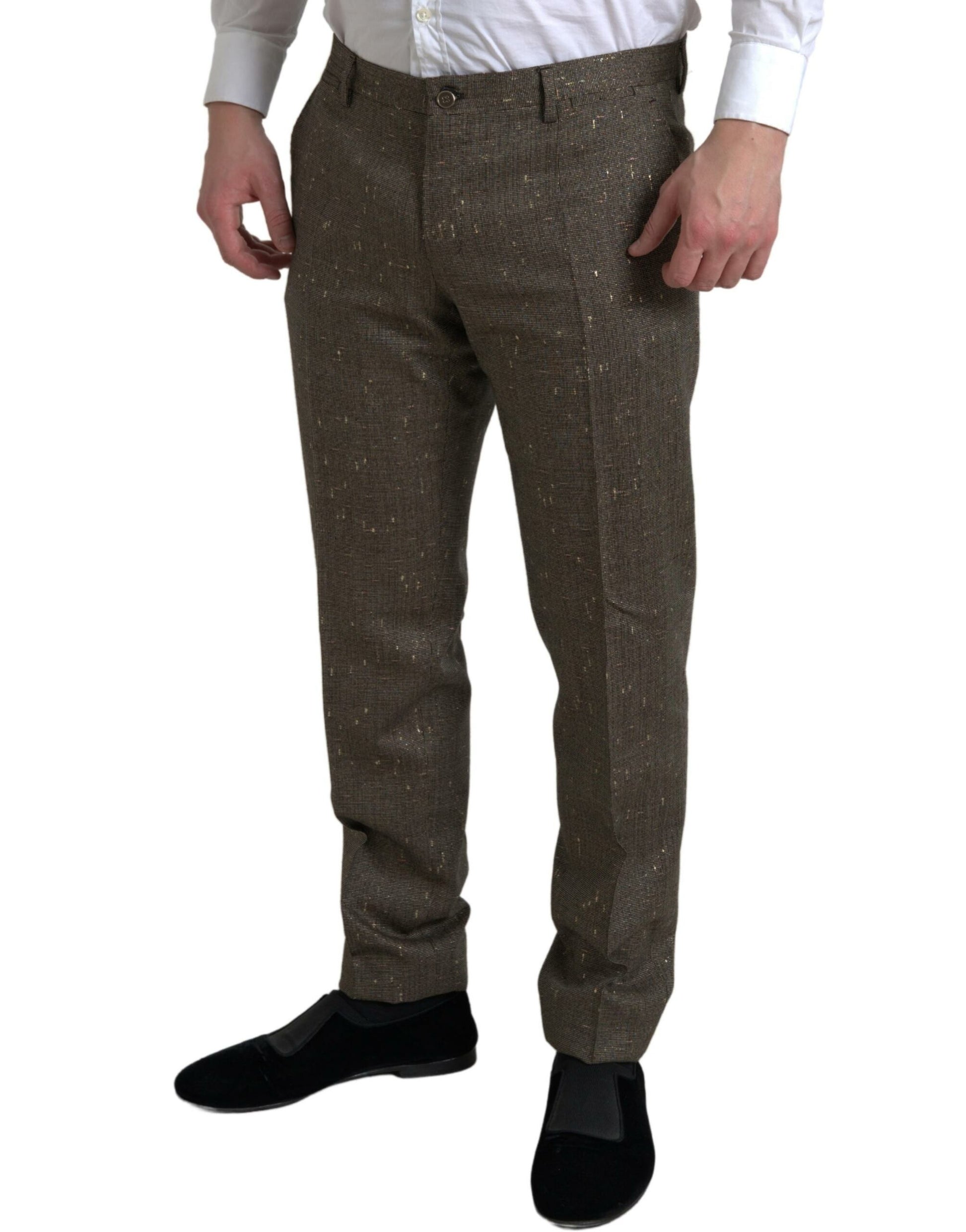 A pair of brown wool dress trousers with a skinny fit, featuring a textured pattern and a slim silhouette