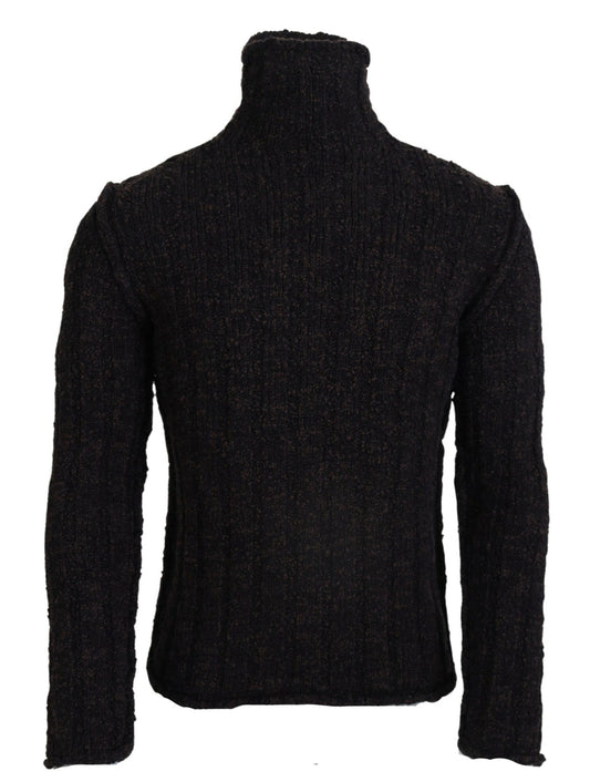 Black turtleneck sweater with horizontal ribbing on sleeves