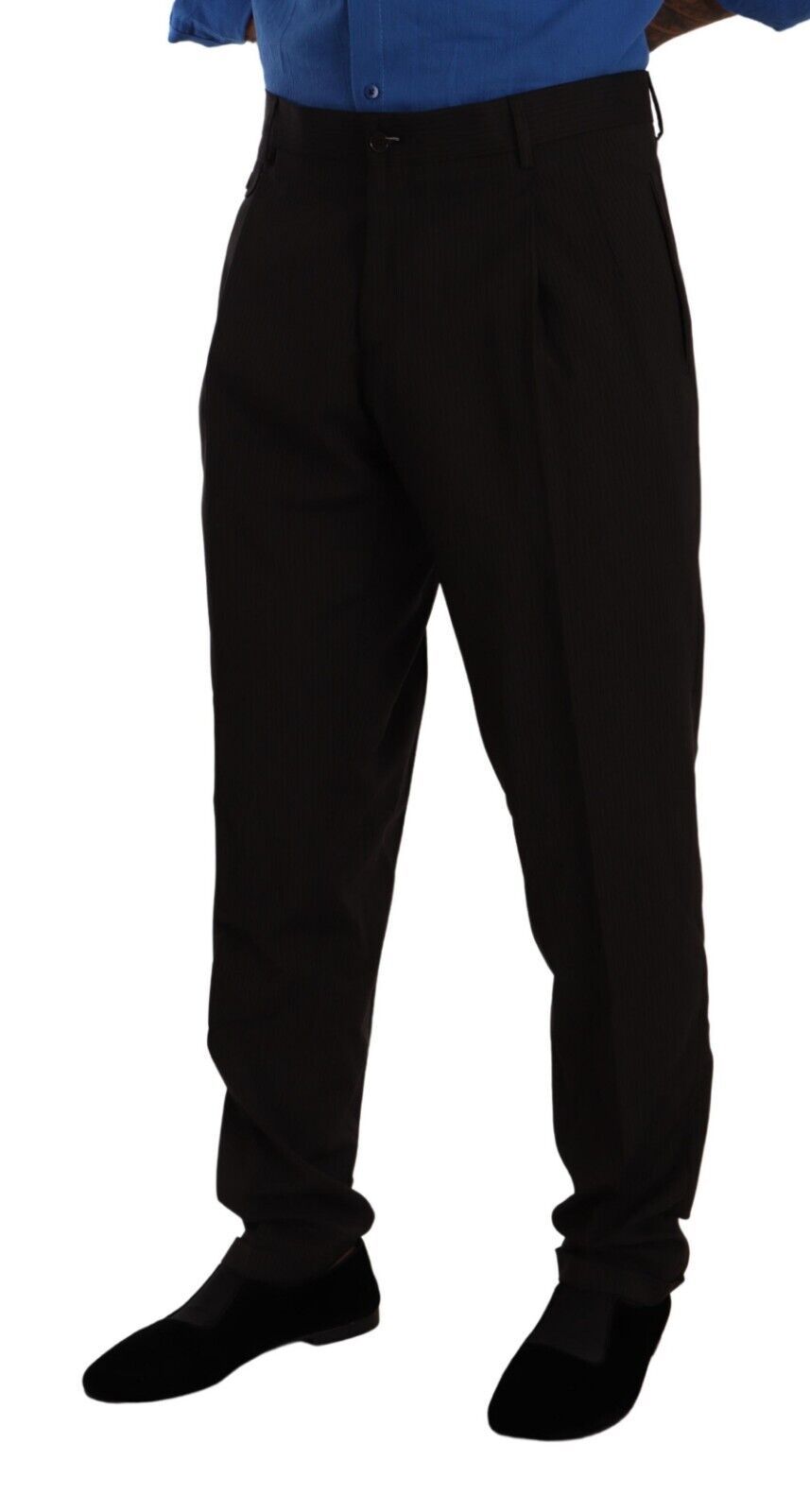 Mannequin wearing black pants and blue shirt