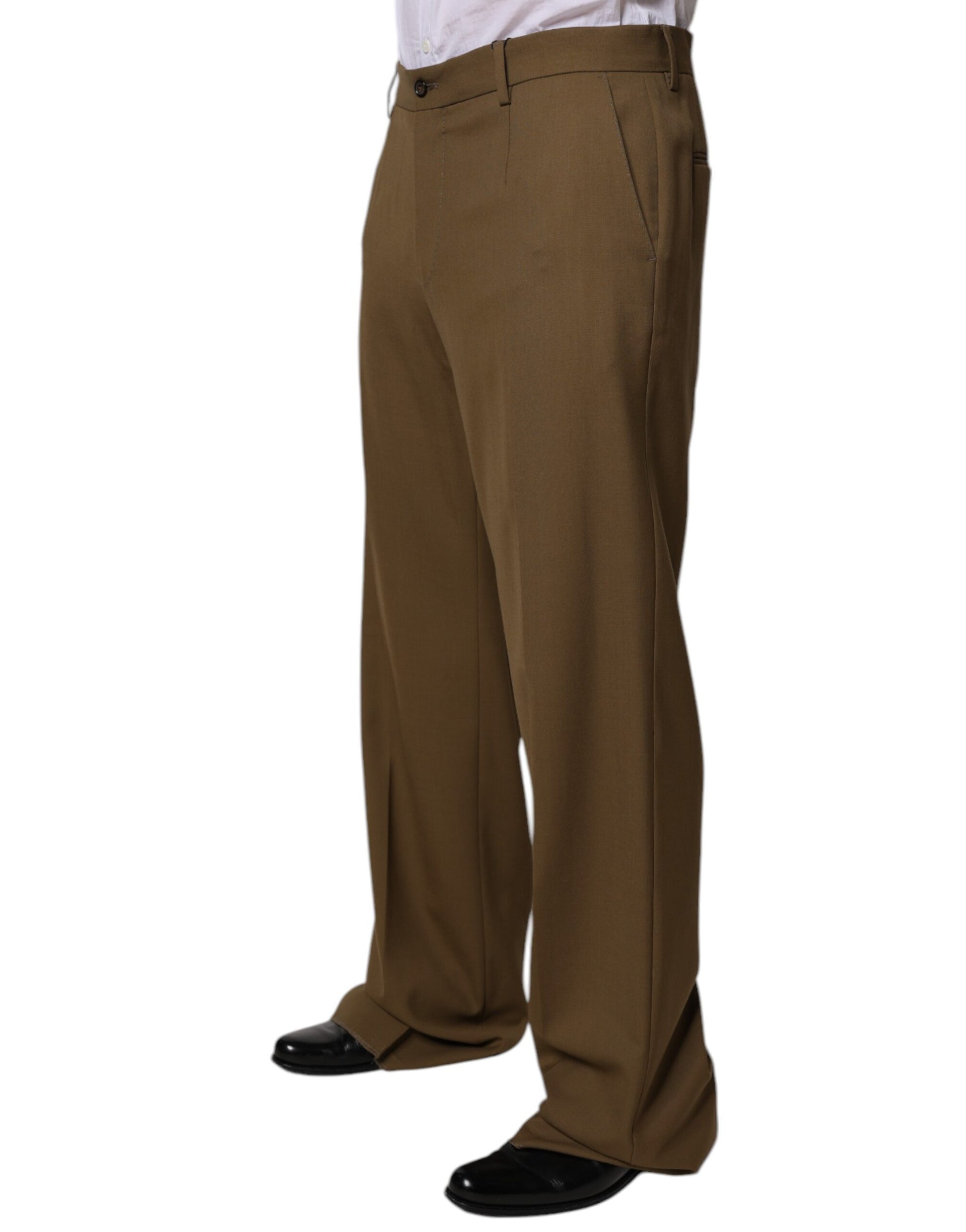 Men's brown wool straight formal dress pants with a slim fit and elastic waistband