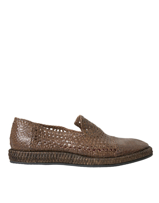 Brown woven shoe with a low heel and elastic panel on top for ease of slipping on