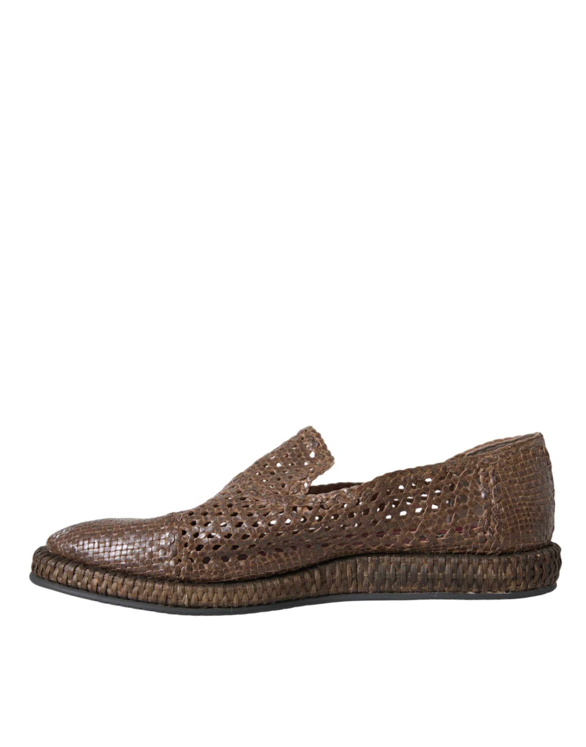 Brown woven shoe with a flat sole and a small heel