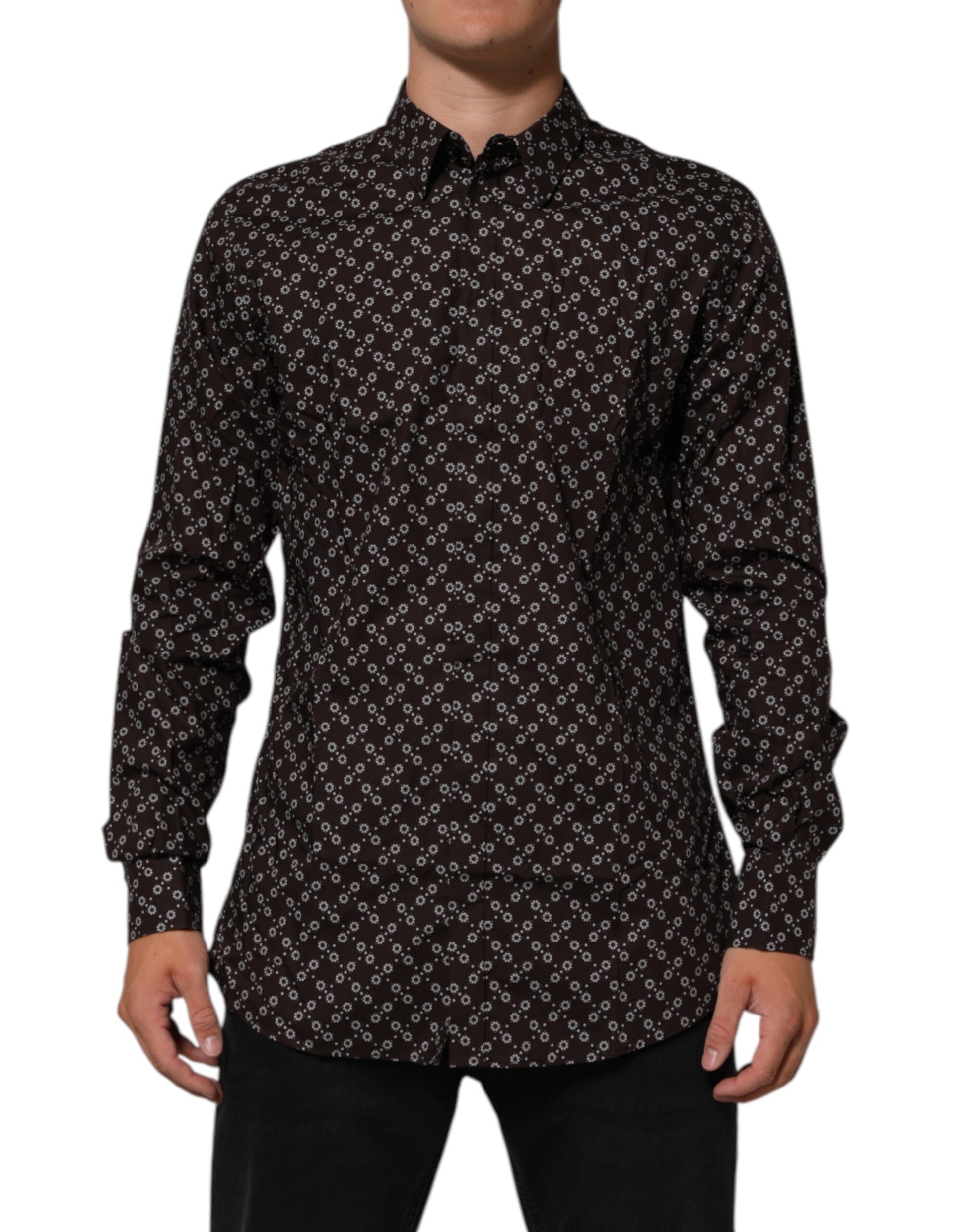A brown floral collared dress shirt with gold accents