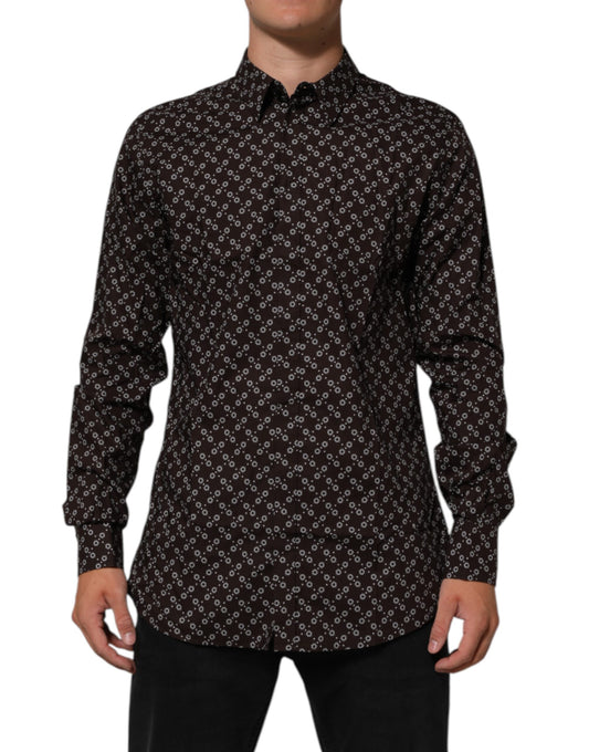 A brown floral collared dress shirt with gold accents