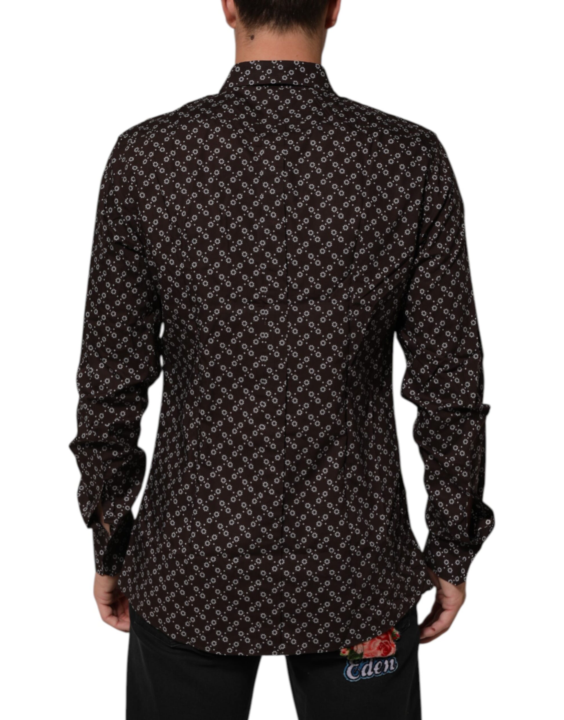 A brown floral collared shirt with gold accents, part of a formal dress collection by Dolce & Gabbana