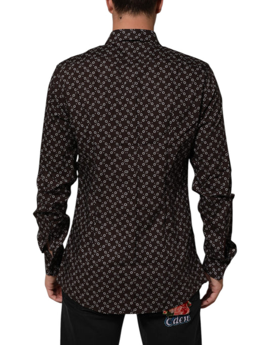 A brown floral collared shirt with gold accents, part of a formal dress collection by Dolce & Gabbana