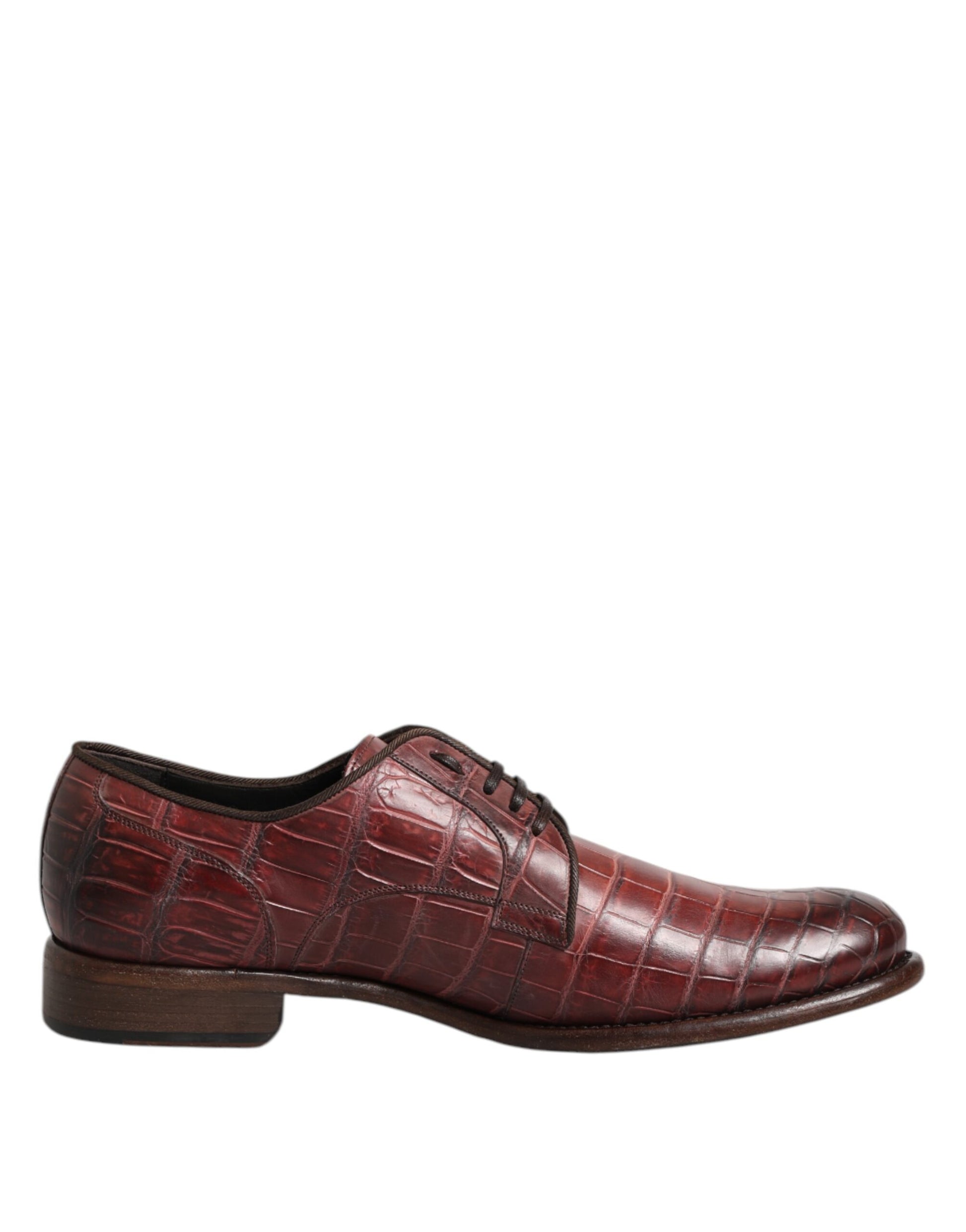 Red leather lace-up dress shoes with a crocodile skin texture design