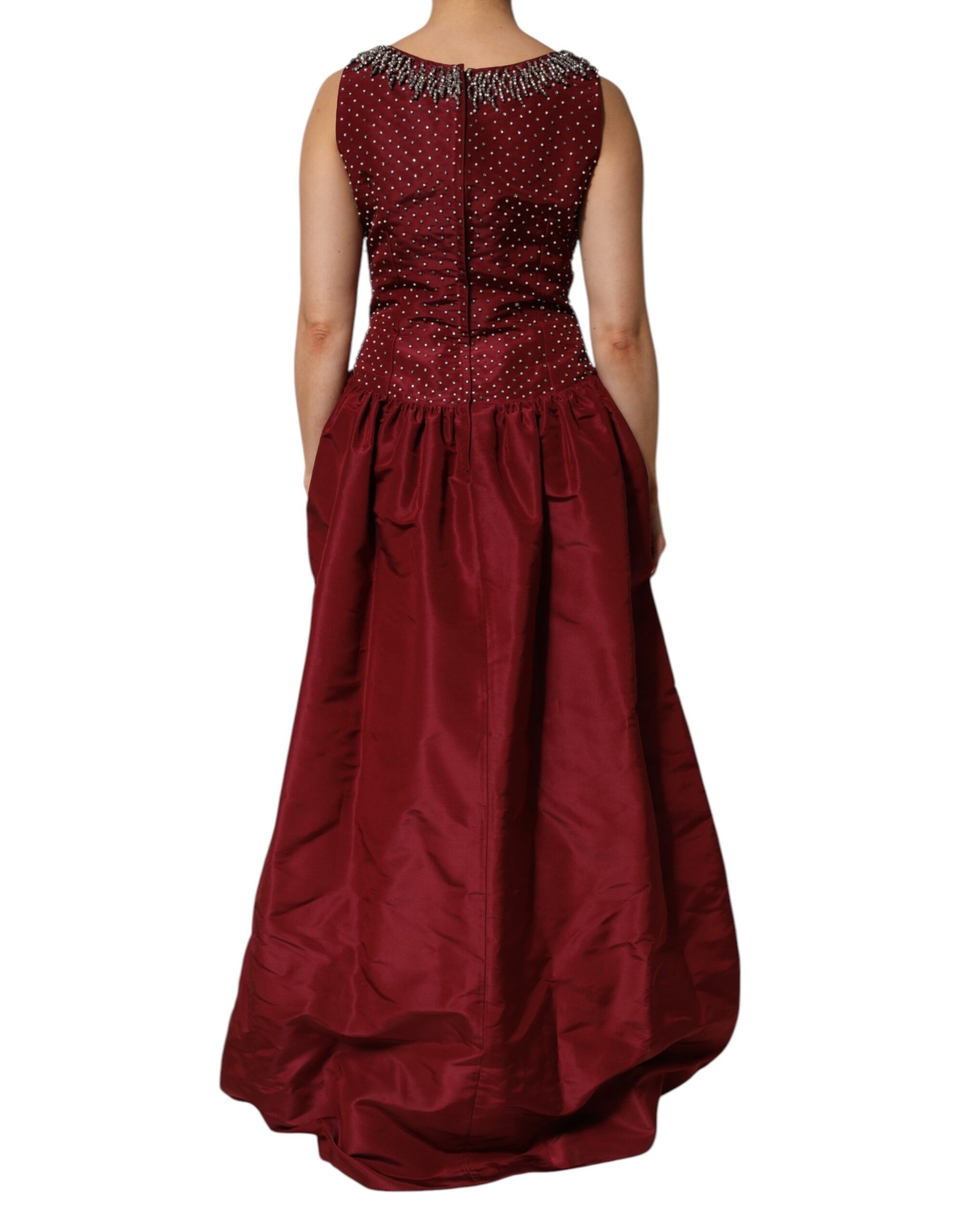Red evening gown with beaded bodice and full skirt