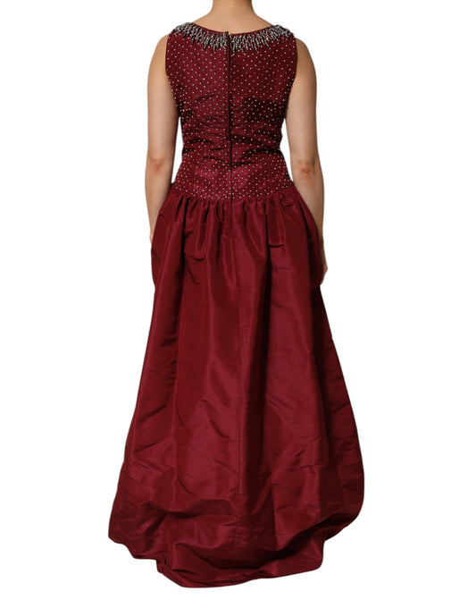 Red evening gown with beaded bodice and full skirt