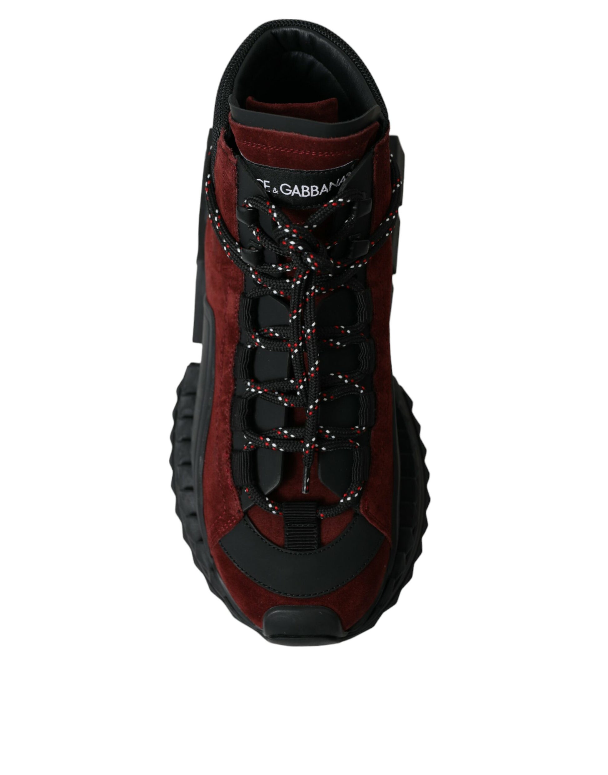 Red and black hiking boot with laces and a pull tab on the back