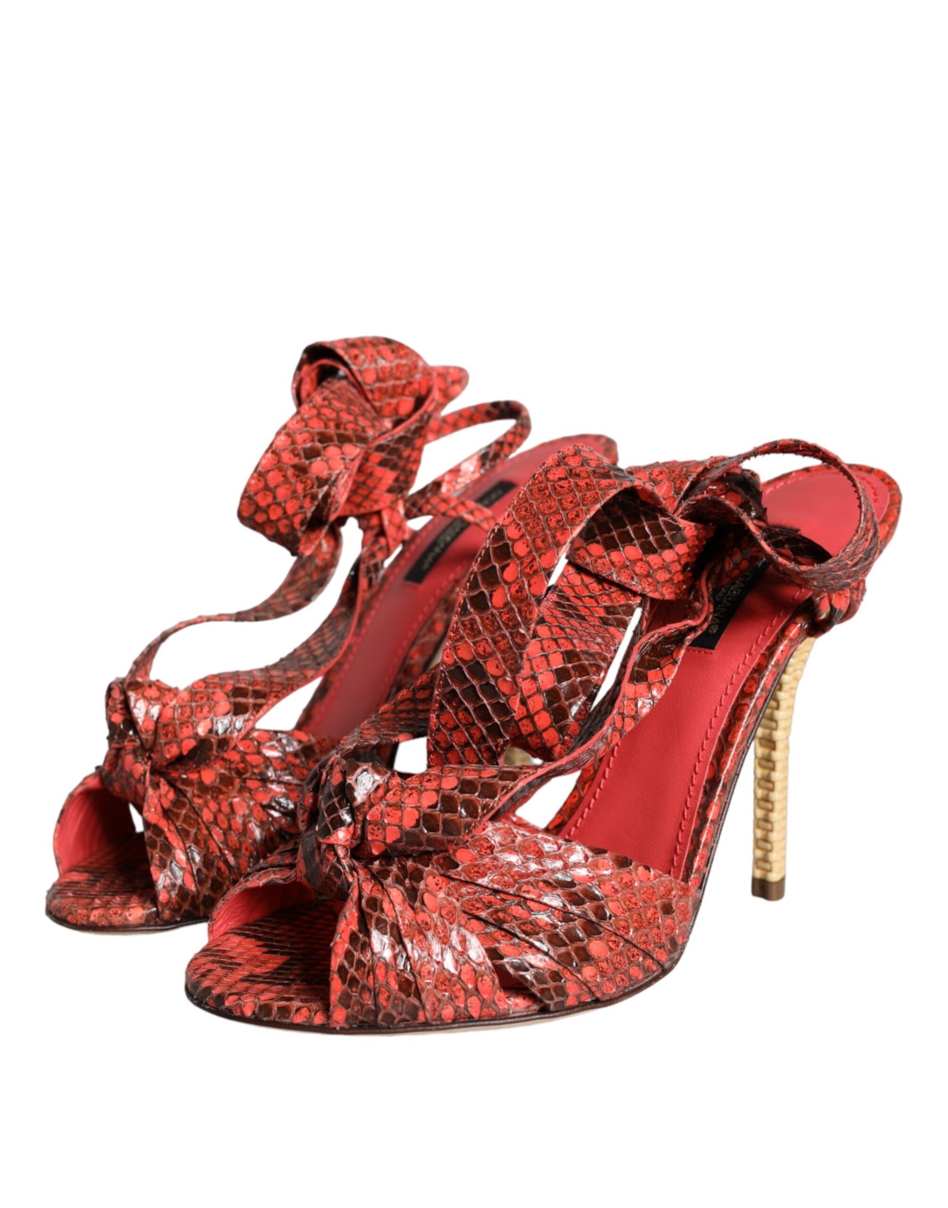 Red high heel shoes with ruffles and straps